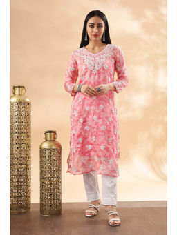 CLUB LOOM - Women Pink Embroidered Chikankari Cotton Kurta & Inner