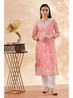 CLUB LOOM - Womens Peach Floral Embroidered Cotton Chikankari Kurta & Inner