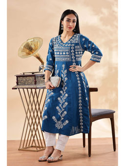 CLUB LOOM - Womens Blue Embroidered Chikankari Kurta