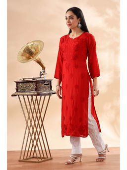 CLUB LOOM - Womens Red Embroidered Chikankari Kurta