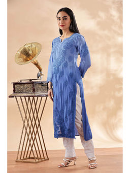 CLUB LOOM - Women Blue Embroidered Chikankari Cotton Chikankari Kurta