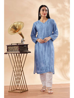CLUB LOOM - Women Blue Embroidered Chikankari Cotton Chikankari Kurta