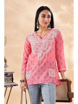 CLUB LOOM - Womens Pink Embroidered Chikankari Cotton Kurti