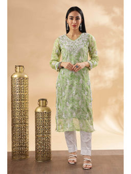 CLUB LOOM - Women Green Embroidered Cotton Handloom Chikankari Kurta & Inner