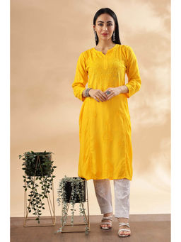 CLUB LOOM - Womens Yellow Embroidered Chikankari Cotton Kurta