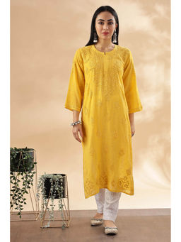 CLUB LOOM - Womens Yellow Embroidered Chikankari Kurta