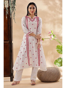 CLUB LOOM - Womens White Embroidered Chikankari A-Line Kurta
