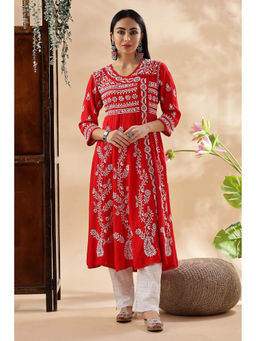 CLUB LOOM - Women Red Ethnic Embroidered Chikankari A-Line Kurta