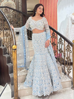 Sindh Fashion - Blue Net Ethnic Motifs Lehenga with Blouse & Dupatta