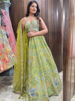 Sindh Fashion - Green Raw Silk Embellished Lehenga with Blouse & Dupatta