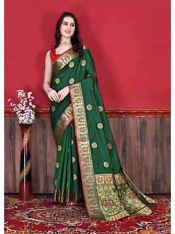 Yavira Silk - Green Soft Raw Silk Woven Zari Saree with Unstitched Blouse