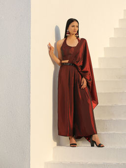 Swtantra - Pre-draped Rosewood Pleated Pant Style Saree Without Blouse