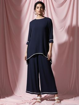 Dora Dori - Navy Blue Solid Rayon Crepe Round Neck Top with Palazzos (Set of 2)