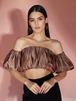 RSVP by Nykaa Fashion - Brown Off Shoulder Ruched Crop Top