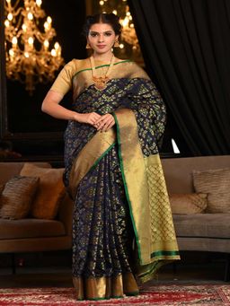 Beatitude - Navy Blue Woven Patola Design Saree with Unstitched Blouse