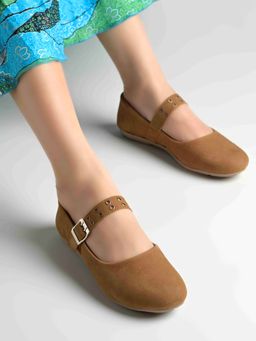 Shoetopia - Women Tan Suede Mary Jane Ballerinas