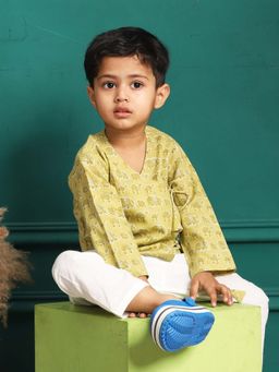 Polka Tots - Cotton Printed Angrakha Kurta with Pyjama Green