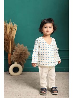 Polka Tots - Cotton Printed Angrakha Kurta with Pyjama Blue
