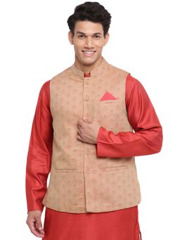 Fabindia - Linen Blend Gold Mandarin Collar Nehru Jacket