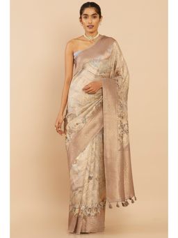 Soch - Women Beige Chanderi Printed Saree with Unstitched Blouse