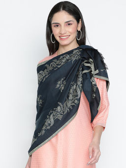 Shingora - Elizabeth Navy Blue Wool Lurex Jacquard Stole (M)