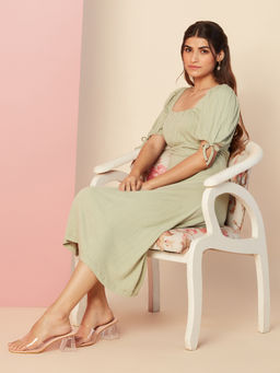 Twenty Dresses by Nykaa Fashion - Light Green Solid Wide Square Neck Fit And Flare Midi Dress