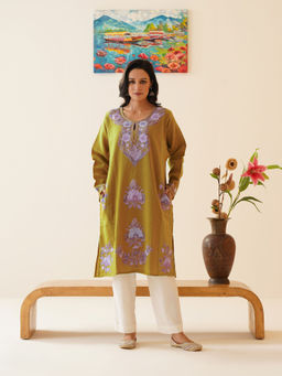 Kashmir Box - Women Green Embroidered Kashmiri Phiran Winter Kurta