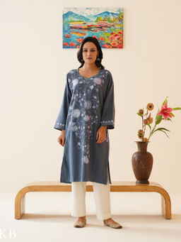 Kashmir Box - Women Grey Embroidered Kashmiri Phiran Winter Kurta