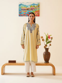 Kashmir Box - Women Cream Embroidered Kashmiri Phiran Winter Kurta