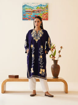 Kashmir Box - Women Blue Embroidered Kashmiri Phiran Winter Kurta