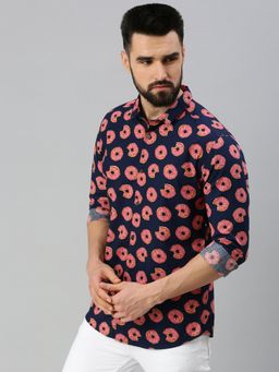 SHOWOFFFF - Men Roll-Up Sleeves Navy Blue Conversational Shirt