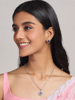 Azai by Nykaa Fashion - Silver And Navy Blue AD Festive Pendant And Stud Earrings Jewellery Set