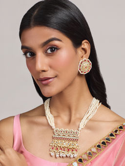 Azai by Nykaa Fashion - Red Pearl Heavy Pendant Necklace Round Studded Earrings Festive Jewellery Set