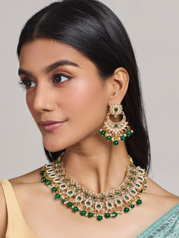 Azai by Nykaa Fashion - Green Kundan Pearl Studded Choker Necklace Drop Earrings Jewellery Set