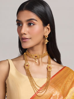 Azai by Nykaa Fashion - Gold Beads Layered Long and Short Necklace Floral Motif Jhumkis Jewellery Set