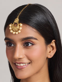 Azai by Nykaa Fashion - Gold Pearl Beaded U Shaped Festive Maangtikka