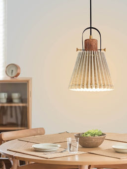 Kapoor Lamp Shades - Liebe Shade Wood and Metal Hanging Pendant Light with Beige Cotton Shade