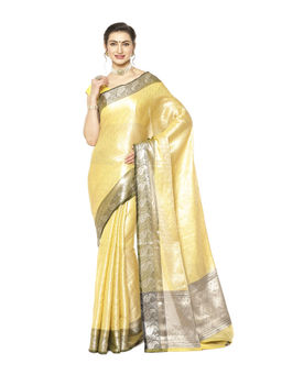 Banarasi Silk Works - Yellow Kanchi Silk Zari Jamawar Border Saree with Unstitched Blouse