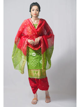 Unnati Silks - Unstitched Green Pure Bandhani Cotton Salwar Kameez (Set of 3)