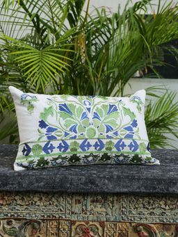 Revive Home - Off White Cushion Cover with Blue & Green Motifs(12X20 inches)