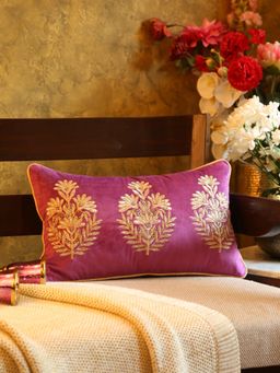 Revive Home - Violet Embellished Velvet Cushion Cover with Mogul Flower Desgin Pillow Style(12x20 inches)