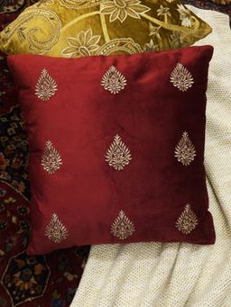Revive Home - Burgundy Embroidered Velvet Cushion Cover Flower Design (18x18 inches)