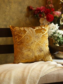 Revive Home - Mustard Paisley Design Embroidered Velvet Cushion Cover (18x18 inches)