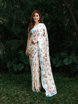 Beatitude - Off White Blue Floral Satin Saree with Unstitched Blouse
