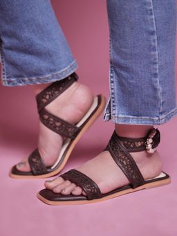 ELVIRAA - Pearl Buckle Net Tie-Up Sandals Brown