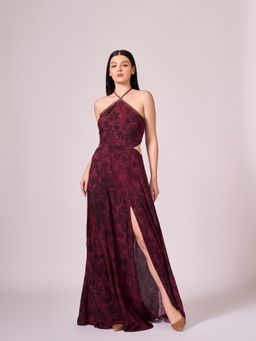 KOSWI - Maroon Cherry Floral Print Long Slit Dress