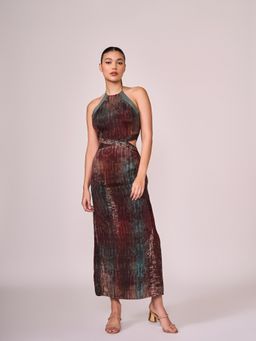 KOSWI - Maroon Abstract Print Halter Dress