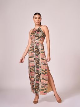KOSWI - Multi Coloured Geometric Print Halter Dress