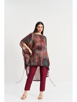 KOSWI - Maroon Abstract Print Kaftan with Pant (Set of 2)