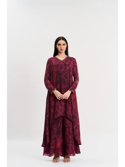 KOSWI - Burgundy Cherry Abstract Print Kurta with Palazzo (Set of 2)